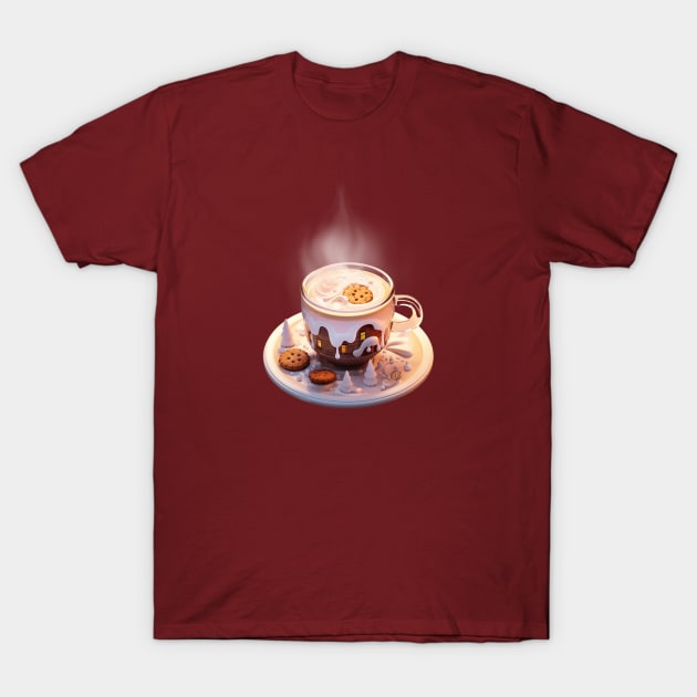 Cappuccino cup Winter Wonderland with wooden cabin surreal style T-Shirt by Violet77 Studio